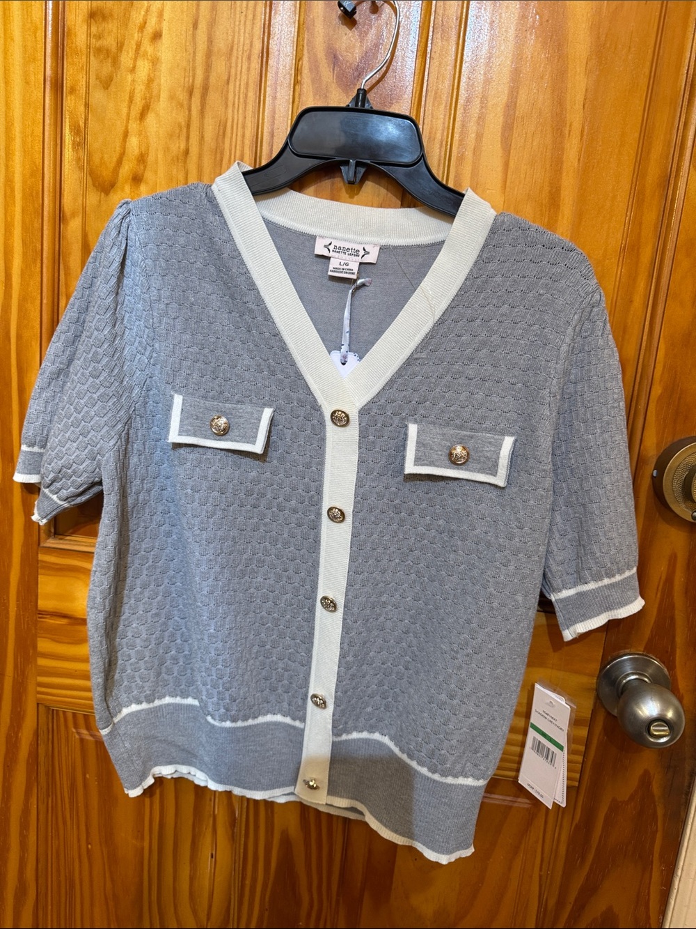 Nanette Lepore Gray Knit Button-Front Short Sleeve Top with Cream Trim